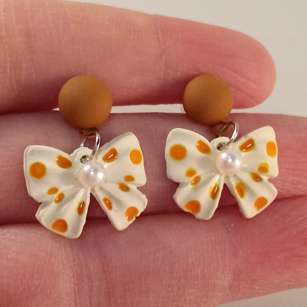 925 Silver Polka Dot White Orange Bow Knot Pearl Dangle Stud Earrings Party Gift